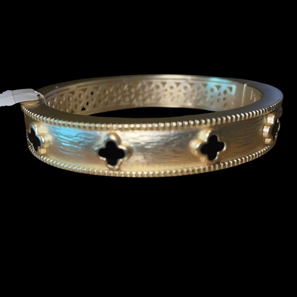 NWT Brushed Gold Tone Enamel Black Clover Hinged Bangle Bracelet - Picture 3 of 5